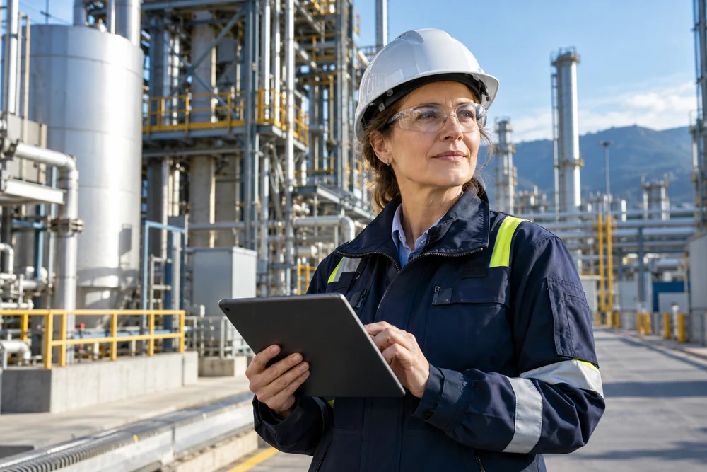 Professionista della sicurezza in un ambiente industriale — scena illustrativa